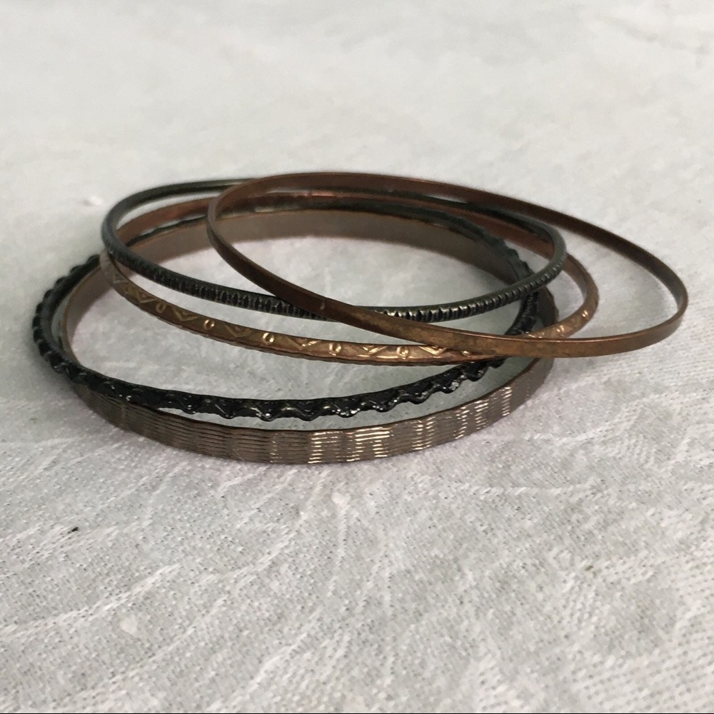 Vintage Bronze & Black Etched Bangle Bracelet Set